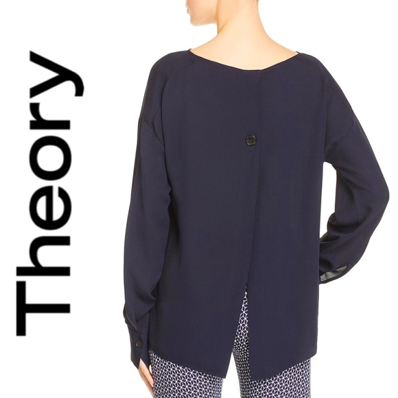 Theory Jarthstin Womens Silk Open Split Back Blouse Top Shirt Long Sleeves Navy - Picture 3 of 14